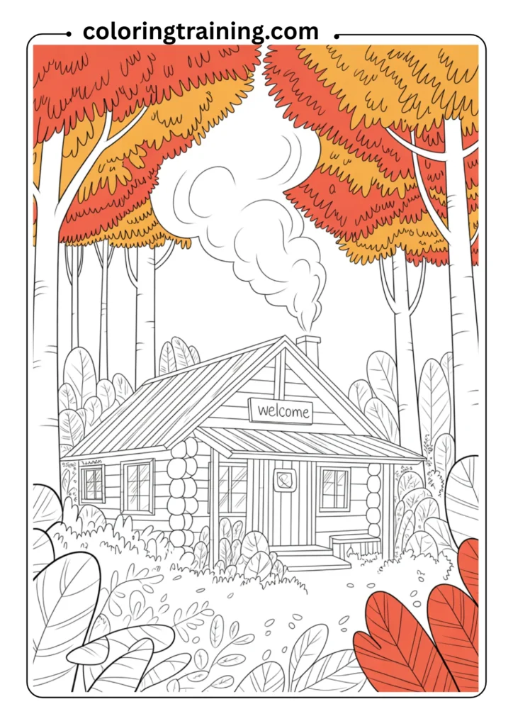 A cozy cabin in the woods surrounded by trees with falling leaves