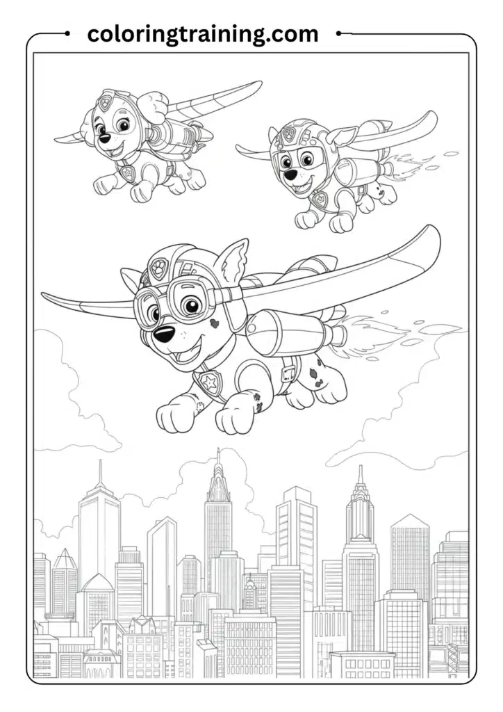 A flying pup in aviator goggles and a jetpack soaring over a city skyline