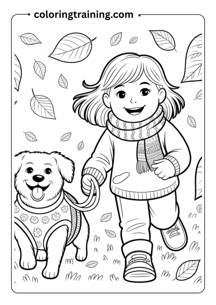 A girl walking her dog in the park with wind blowing leaves around