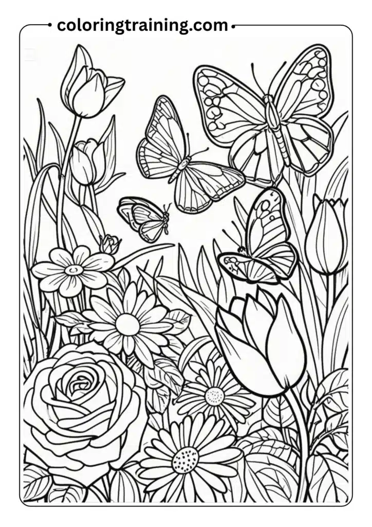 A group of butterflies in a garden with blooming roses