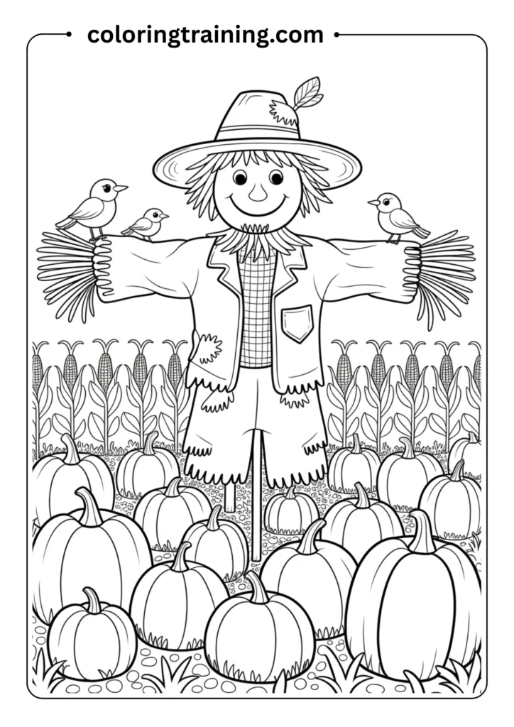 A happy scarecrow in a field of pumpkins and corn stalks
