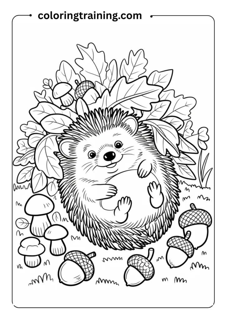 A hedgehog curled up under a pile of leaves with mushrooms and acorns around