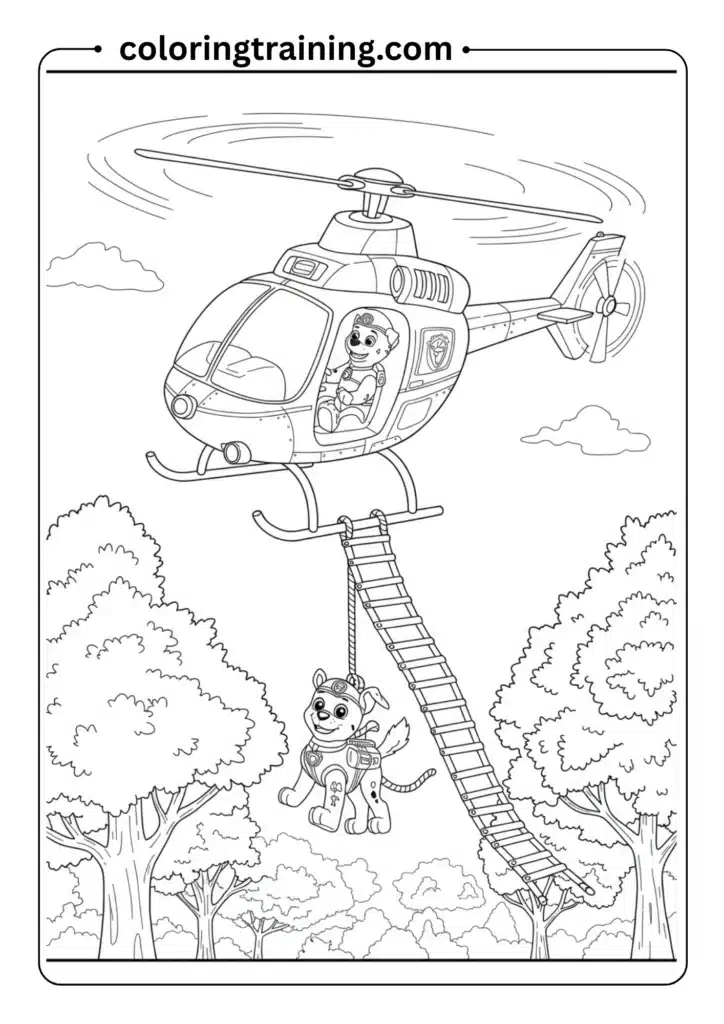 A helicopter with a rescue pup inside flying above treetops
