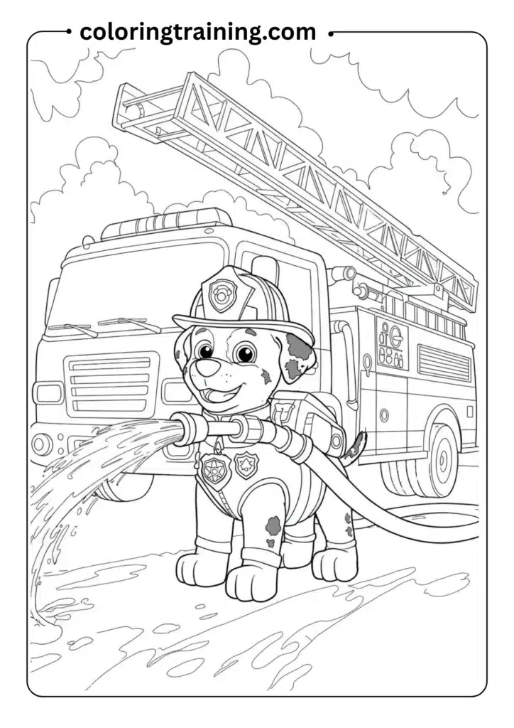A heroic puppy wearing a firefighter helmet and a badge
