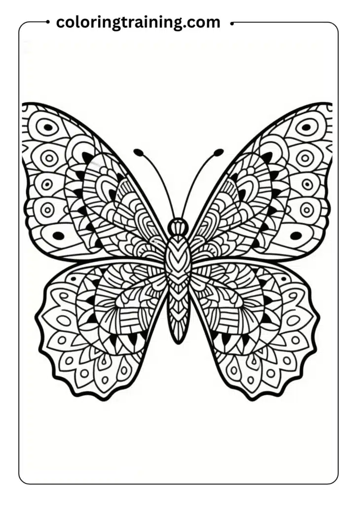 A large butterfly with intricate mandala patterns on its wings