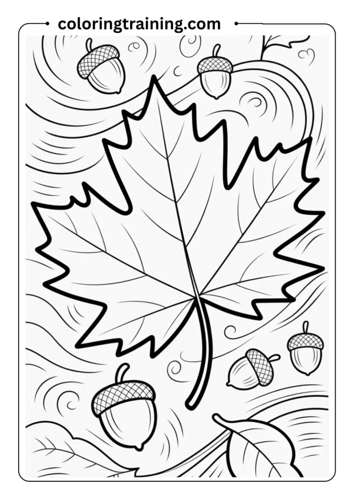 A large, central maple leaf surrounded by swirling wind patterns and falling acorns