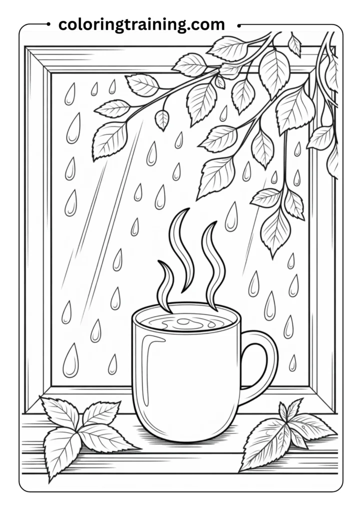 A mug of hot cocoa on a window sill with raindrops and leaves outside