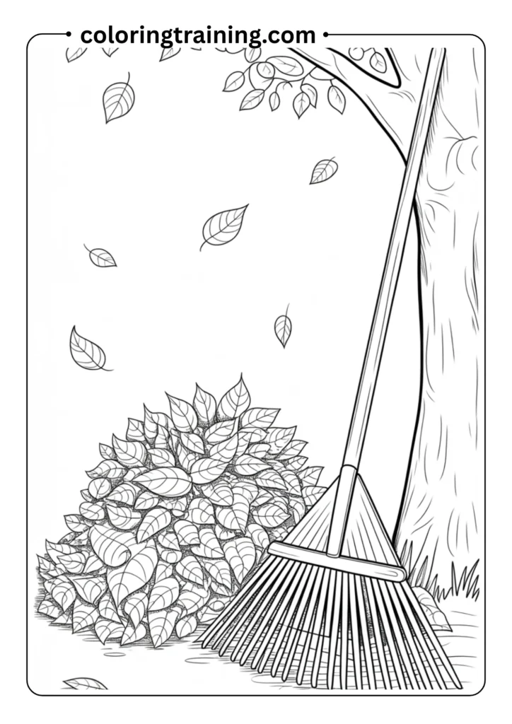 A pile of raked leaves next to a wooden rake leaning against a tree trunk