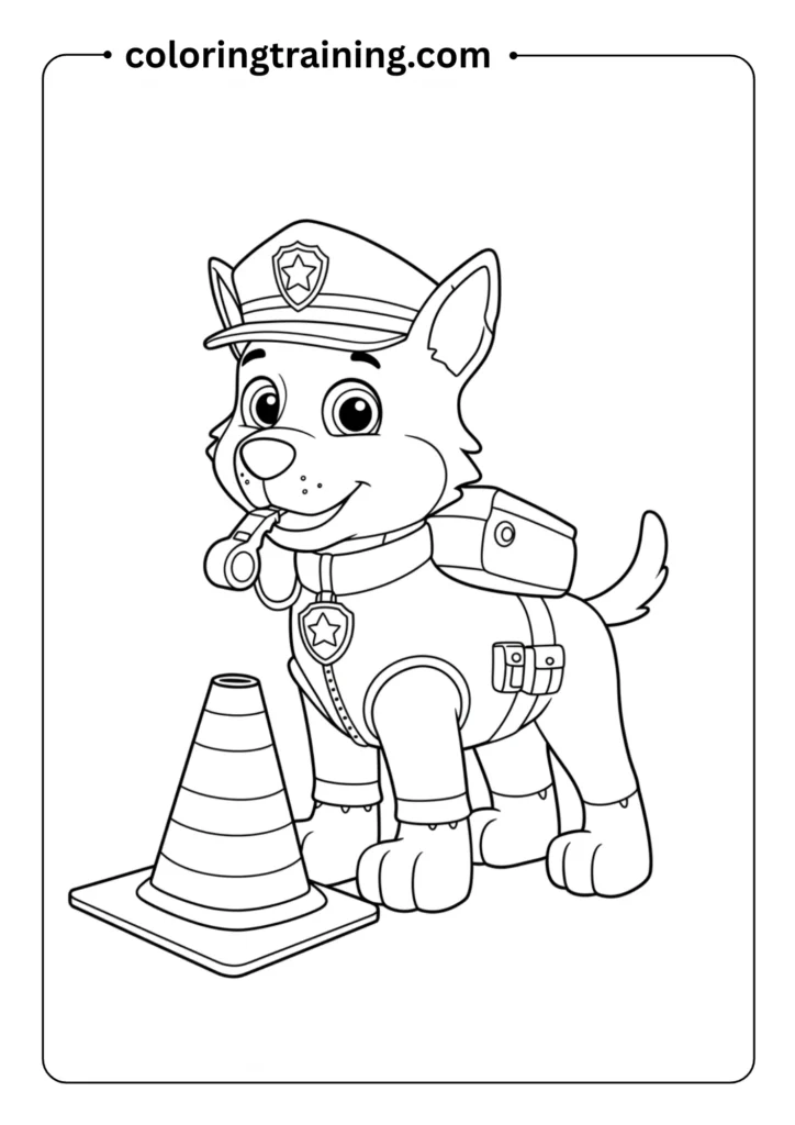 A police pup in uniform standing next to a traffic cone and holding a whistle