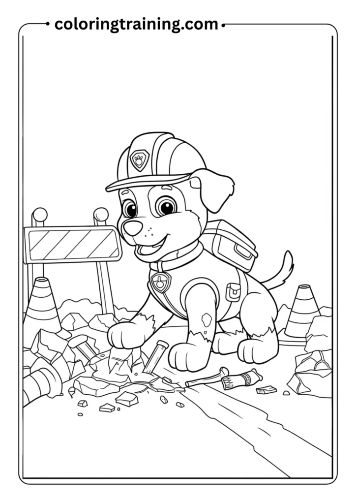 A pup with a construction helmet and tools fixing a broken road