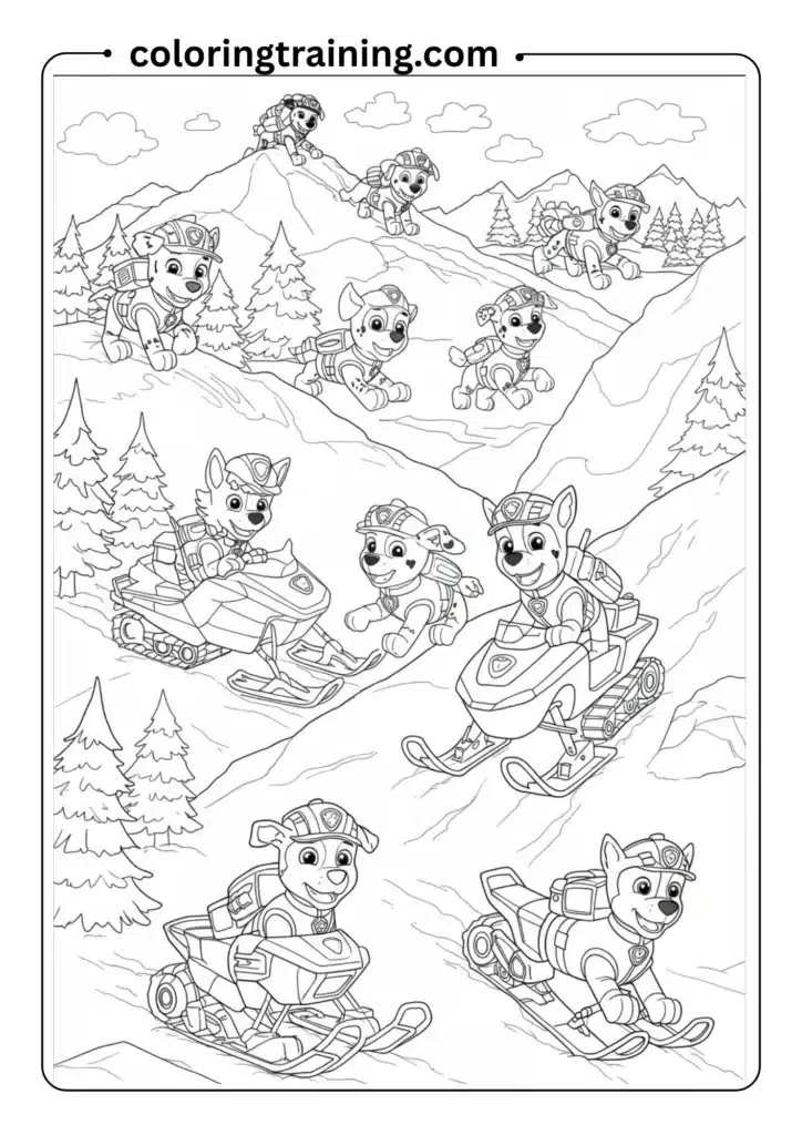 A snowy mountain rescue scene with pups in winter gear