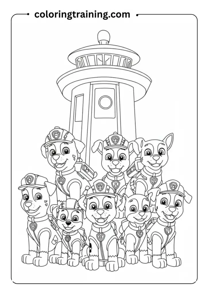 A team of six rescue pups sitting together in front of their lookout tower