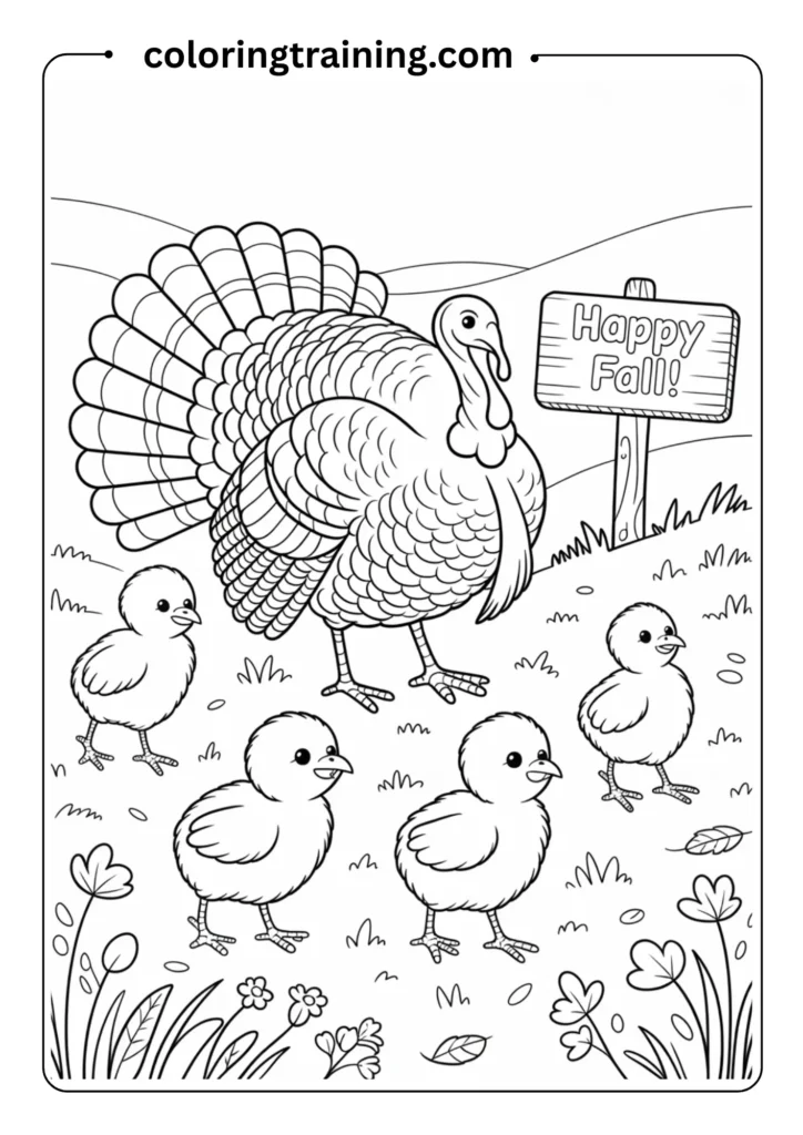 A turkey family—parent and chicks—walking together in the grass, outlined nature scene for coloring
