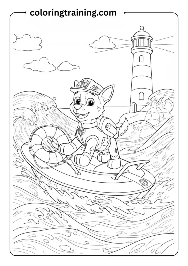 A water rescue pup riding a hovercraft on waves with