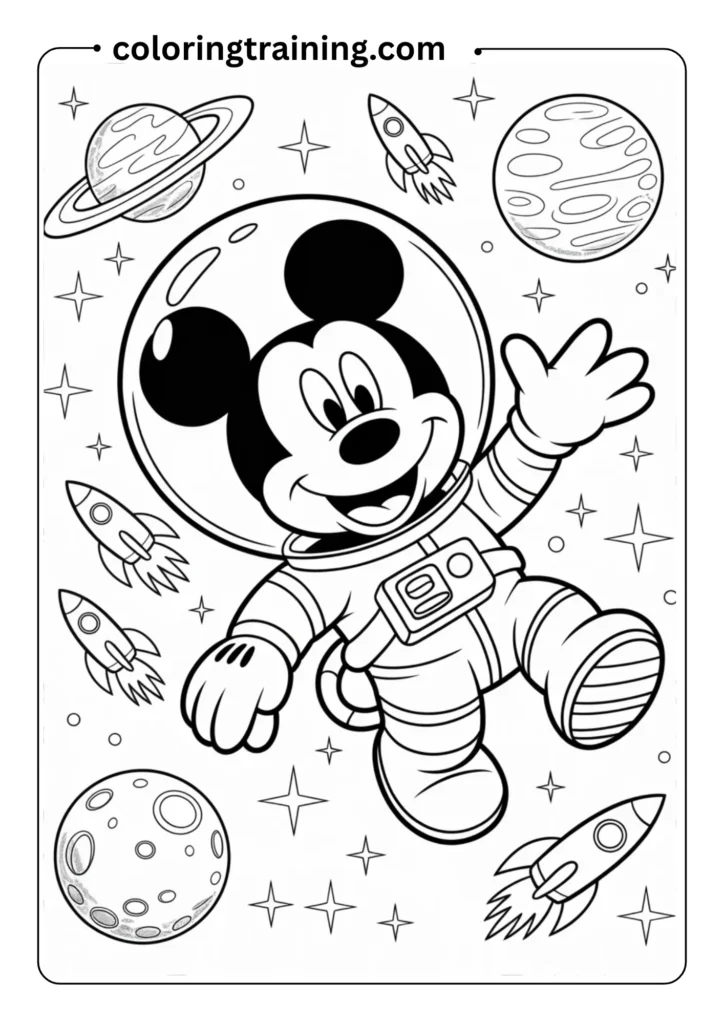 Adventure coloring page featuring Mickey Mouse as an astronaut in a space suit