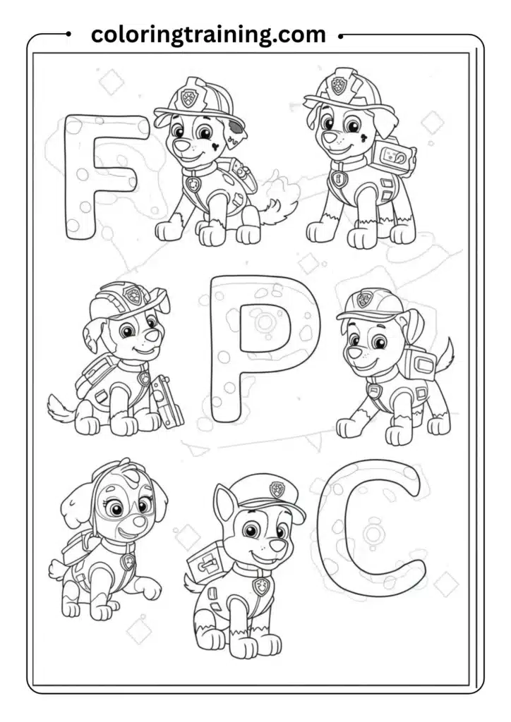 Alphabet coloring page with each letter represented by a pup’s job