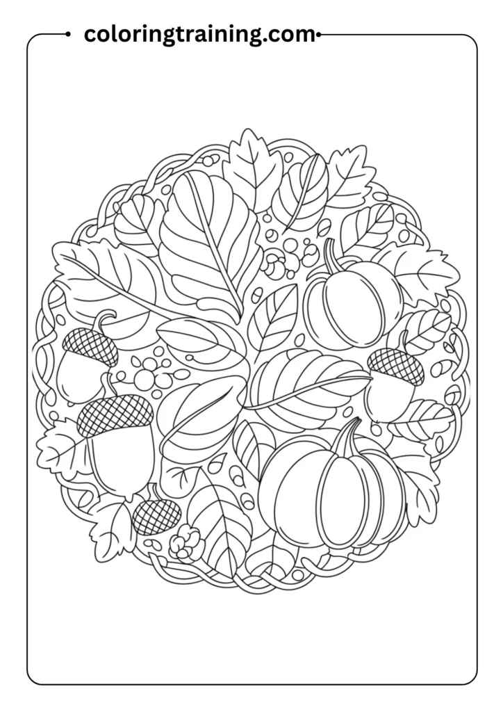 An intricate mandala made from layered fall leaves