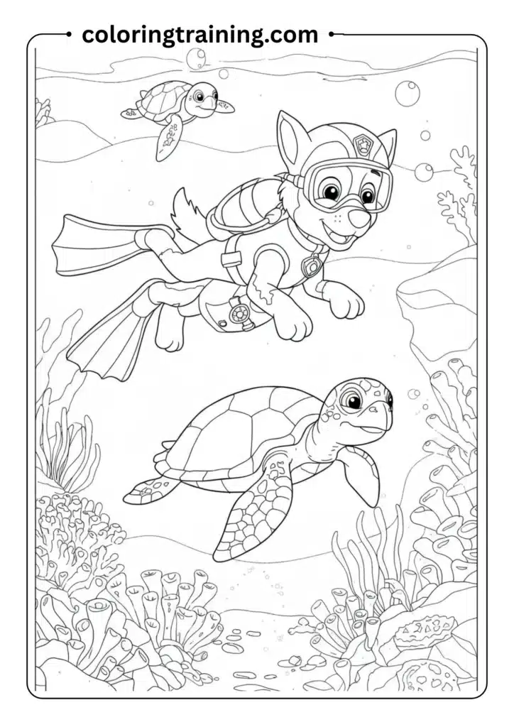 An underwater mission with scuba gear pups swimming near coral reefs and saving a sea turtle