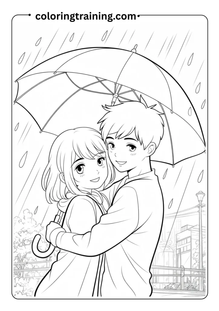 Anime boy and girl sharing an umbrella in the rain, cute romantic scene in clean outlines