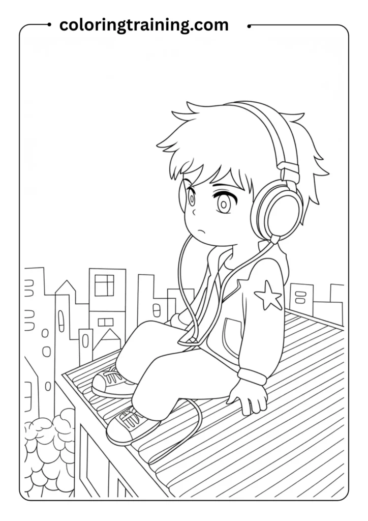 Anime boy sitting on a rooftop at night with headphones on, listening to music, outlined scene