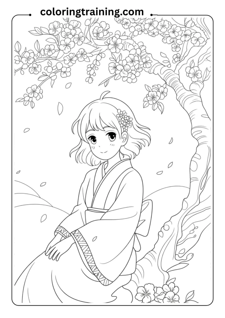 Anime girl sitting under a cherry blossom tree with petals falling around her, outlined for coloring