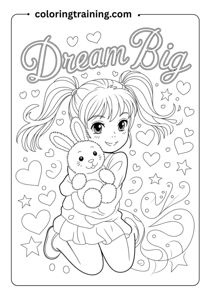 Anime girl with twin tails holding a plush bunny, surrounded by hearts and stars, outlined for coloring