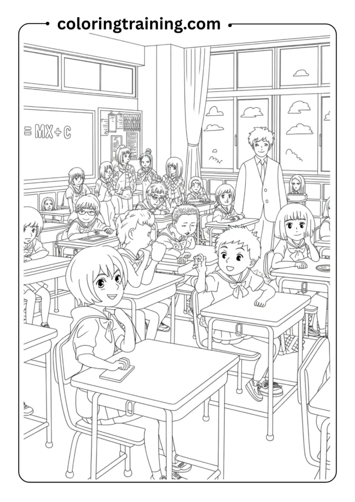 Anime high school classroom with students chatting and a teacher in front, all characters outlined
