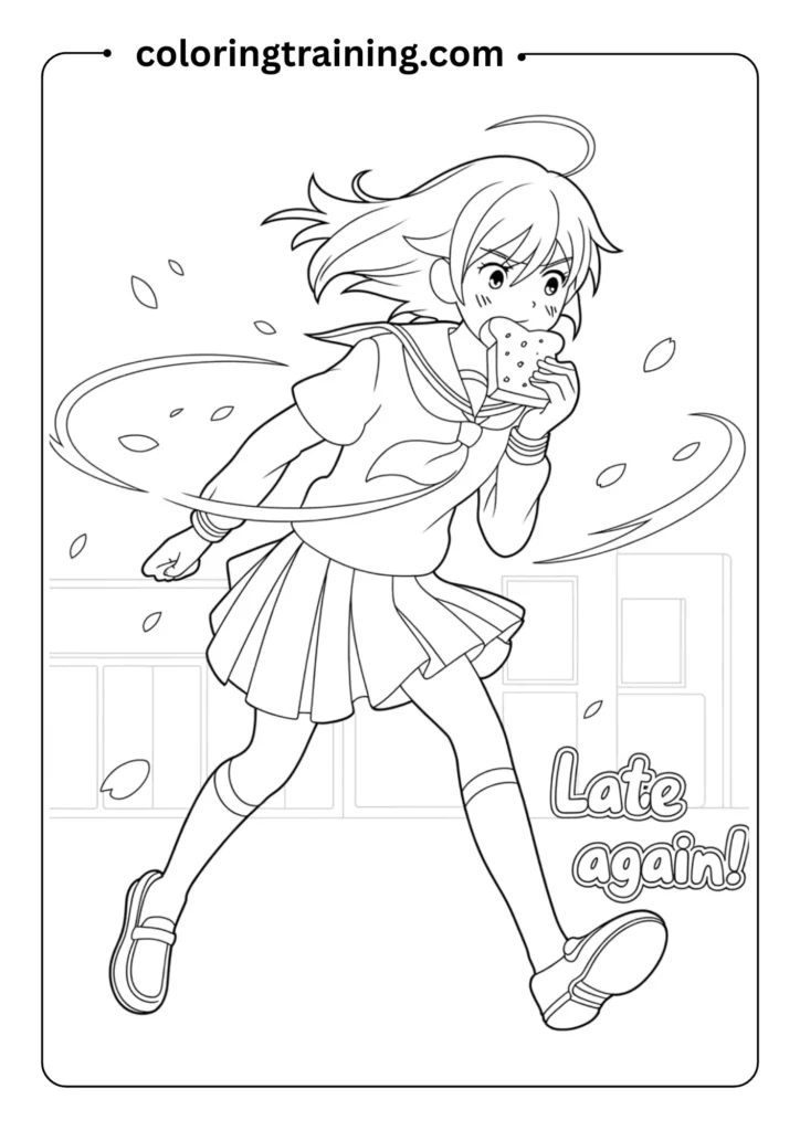 Anime schoolgirl running with toast in her mouth, late for class, classic scene outlined for coloring