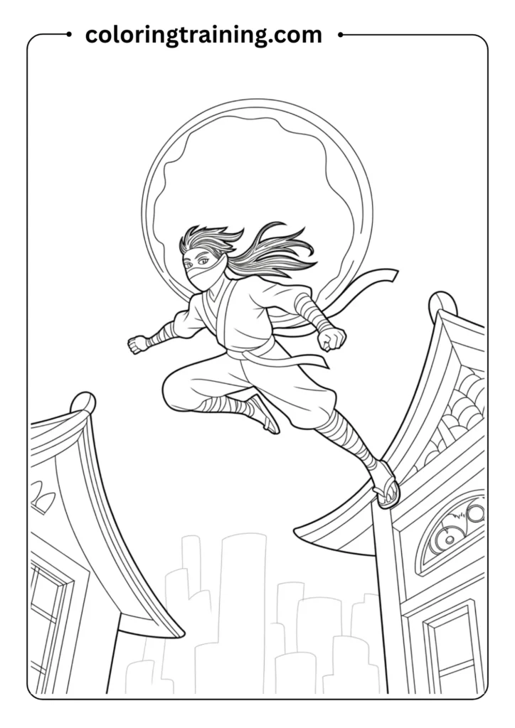 Anime-style ninja jumping between rooftops with a moon in the background, detailed outlines only.com
