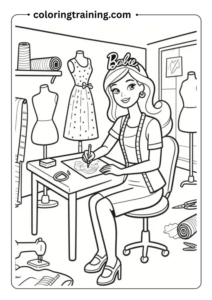 Barbie as a fashion designer sketching outfits at her studio