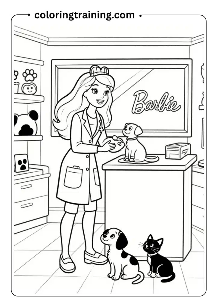 Barbie as a veterinarian caring for puppies and kittens in an animal clinic