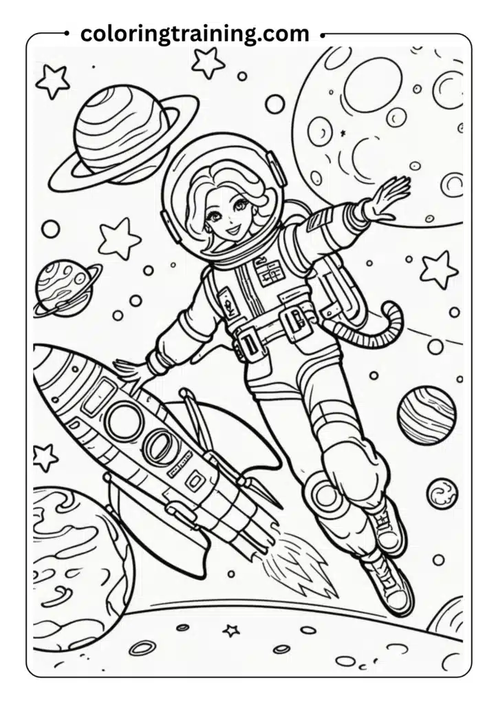 Barbie astronaut floating in space near a rocket ship