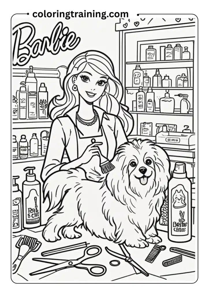 Barbie at a pet grooming salon brushing a fluffy dog