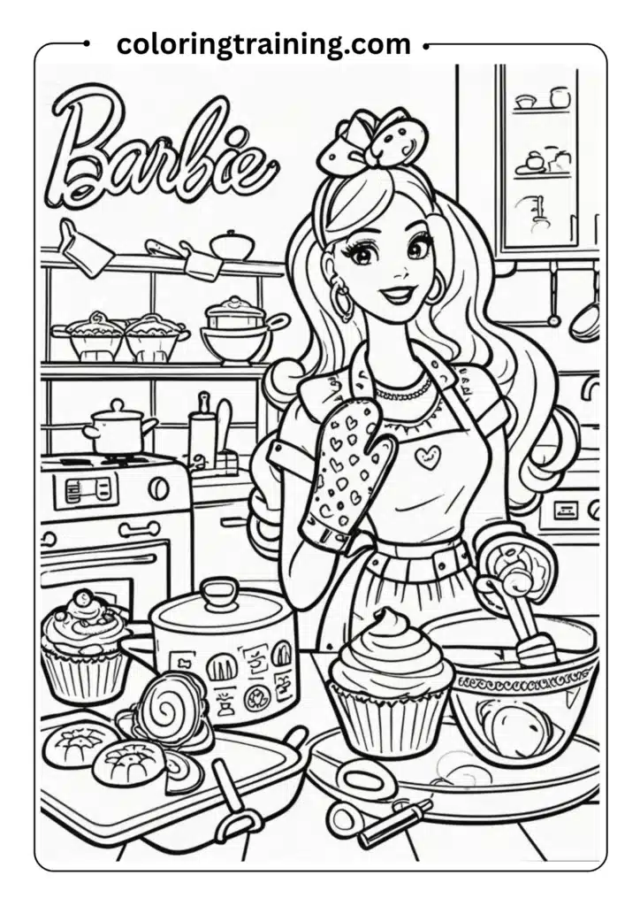 Barbie baking cupcakes in a cozy kitchen