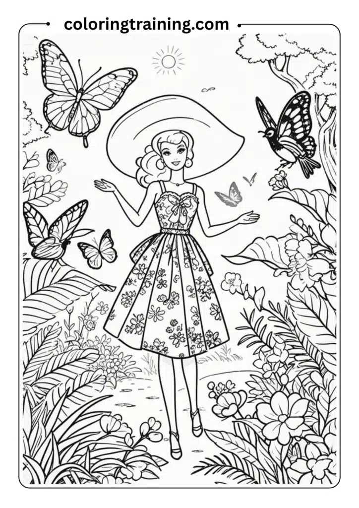 Barbie in a floral garden with butterflies and birds