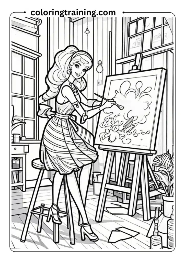 Barbie painting on a canvas in an art studio