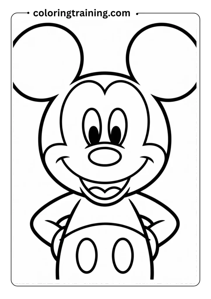 Black and white coloring page featuring Mickey Mouse's iconic head