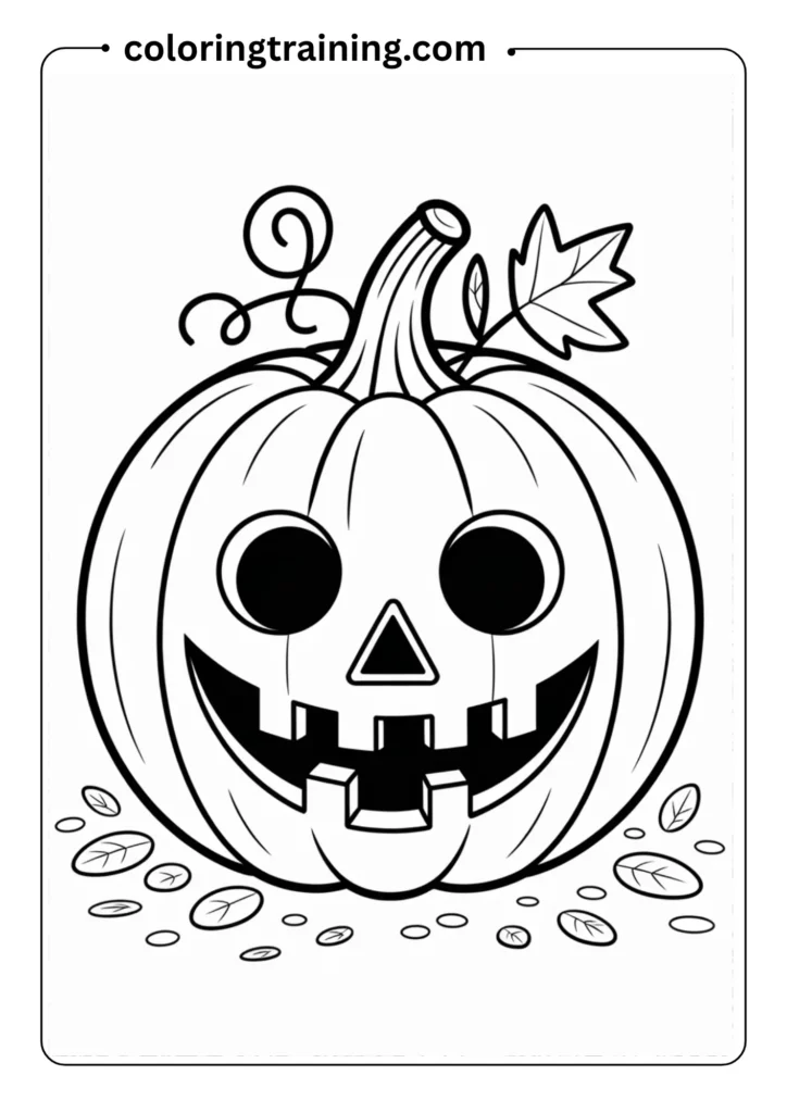 Black and white coloring page featuring a traditional round pumpkin with classic jack-o'-lantern face.and white coloring page featuring Mickey Mouse's iconic head