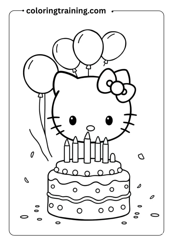 Black and white outline of Hello Kitty smiling with a large birthday cake, balloons, and confetti, simple coloring page for kids
