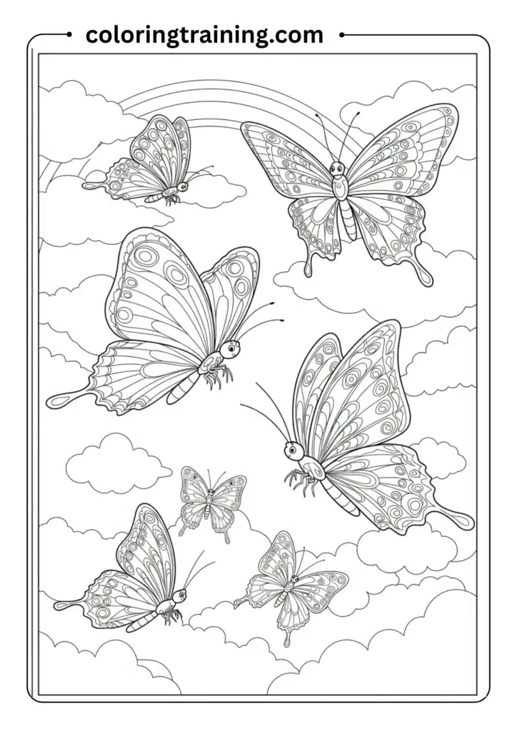 Butterflies flying through the sky with fluffy clouds