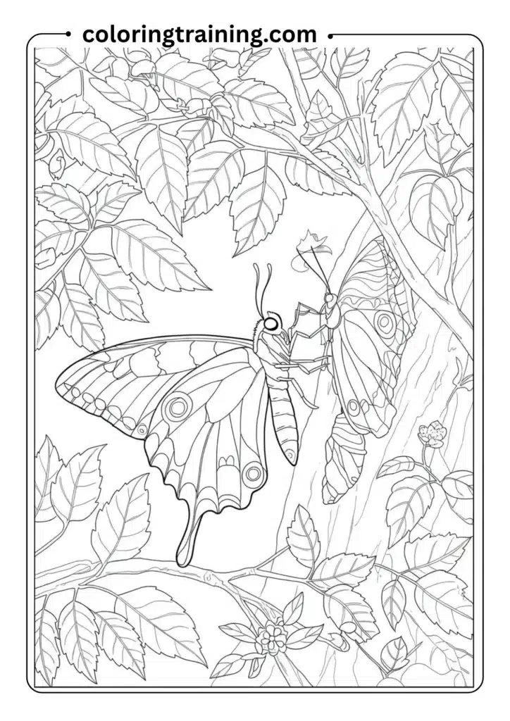 Butterfly emerging from a chrysalis on a tree branch