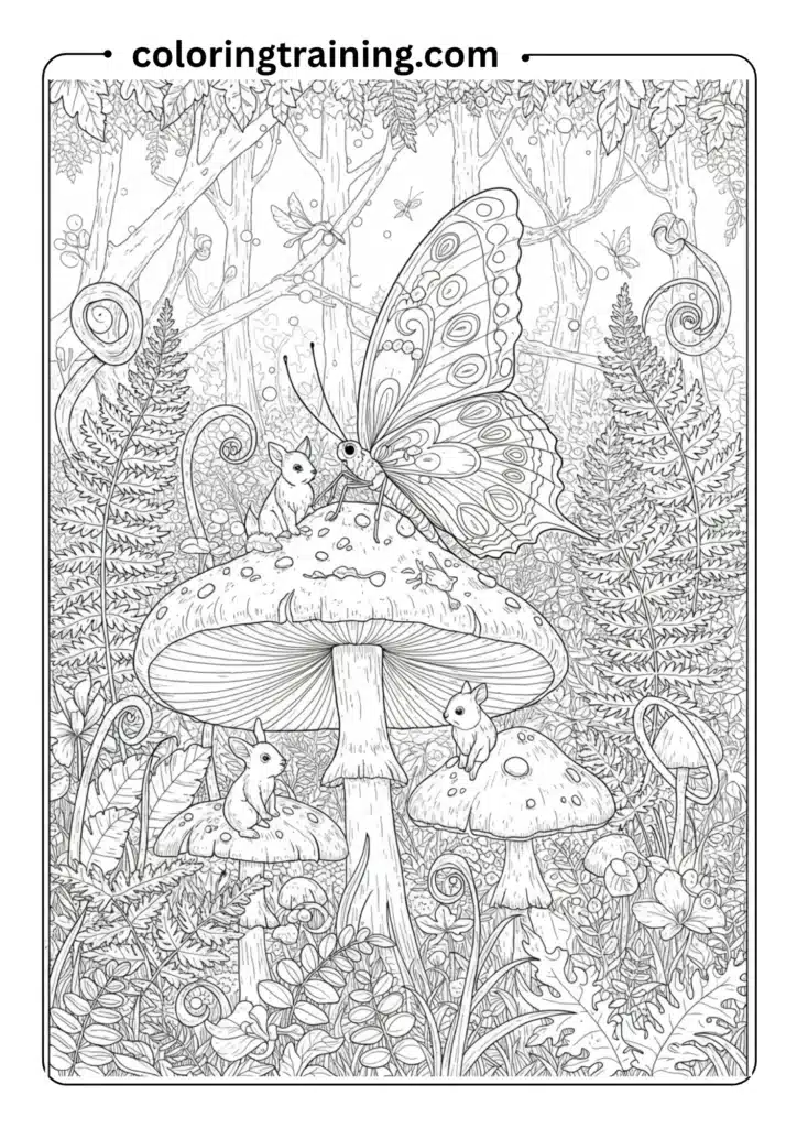 Butterfly perched on a mushroom in a magical forest