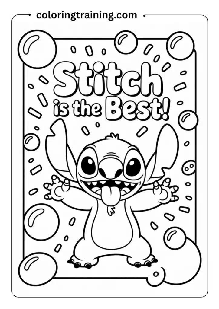 Cartoon-style outlined Stitch making a funny