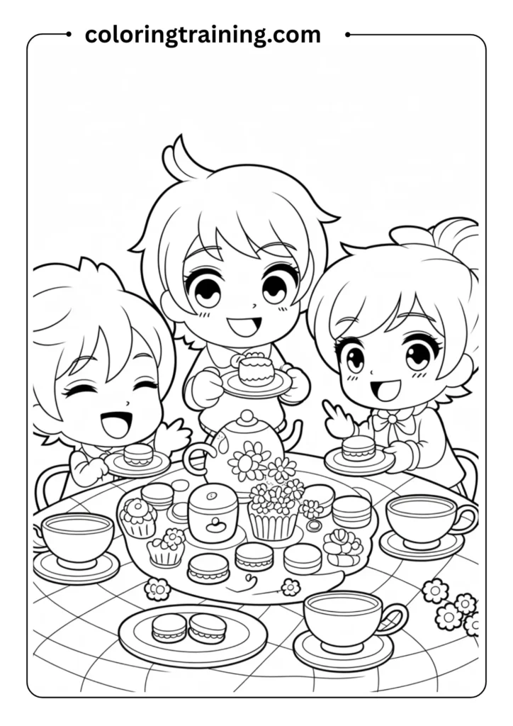 Chibi anime characters in a tea party scene with desserts and teacups, all outlined in kawaii style