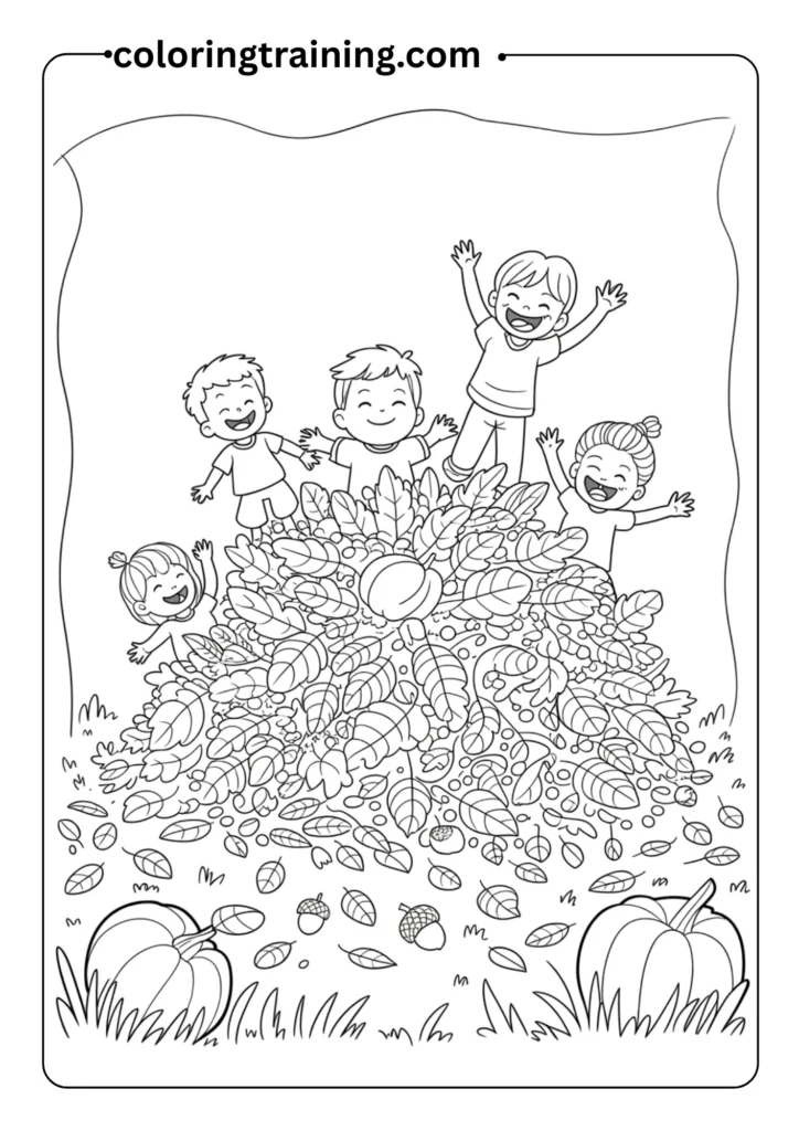 Children jumping into a pile of leaves in a backyard