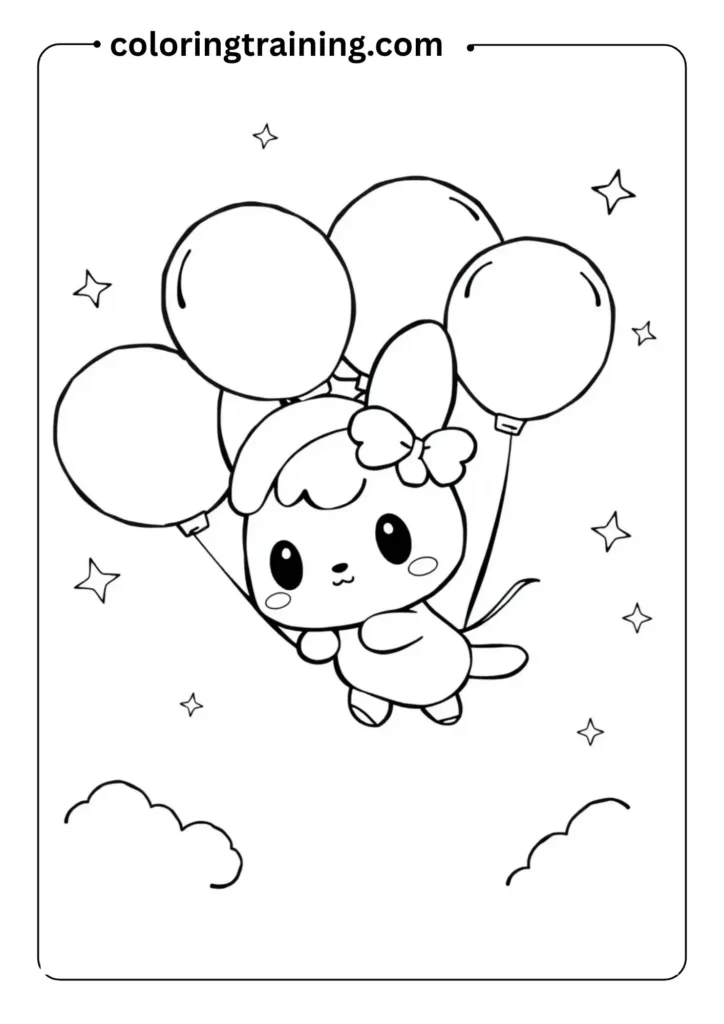 Cinnamoroll flying through the sky with big balloons tied to his back, clouds and stars in the background, coloring book style