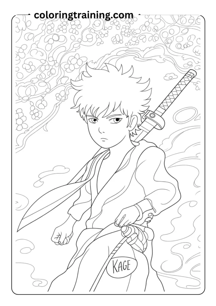 Cool anime boy with spiky hair and a katana on his back, standing heroically, clean line art