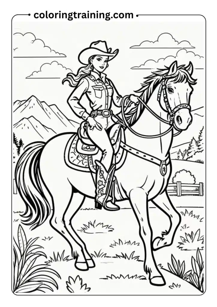 Cowgirl Barbie riding a horse in the countryside