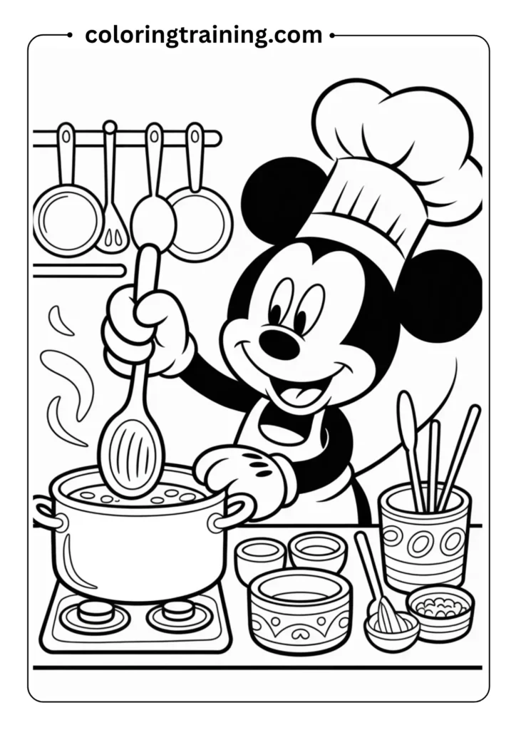 Culinary coloring page featuring Mickey Mouse as a chef in the kitchen. He's wearing
