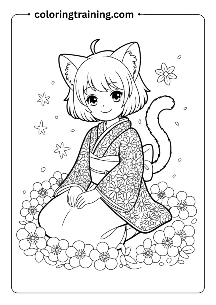 Cute anime girl with cat ears and a tail, wearing a kimono and smiling, outlined for coloring page